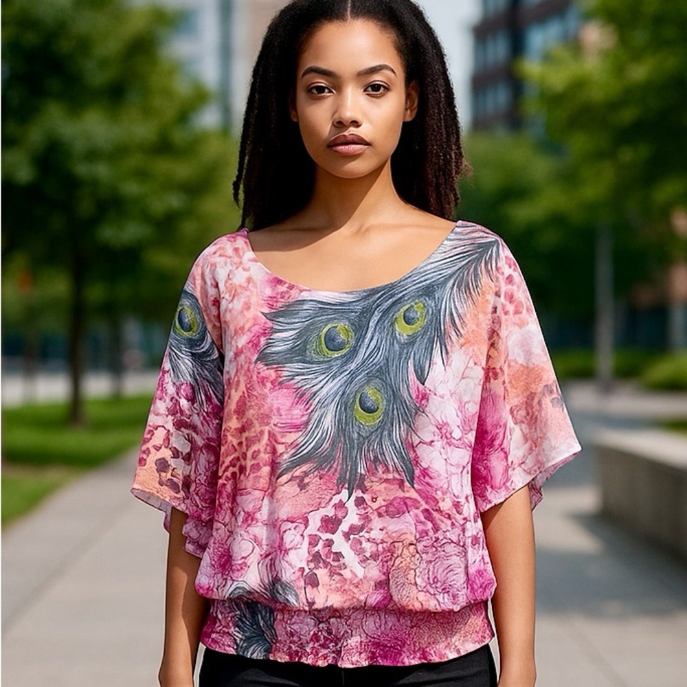 JM Collection- XL Pink Butterfly Sleeve Embellished Top- Elastic Waist - Picture 3 of 6